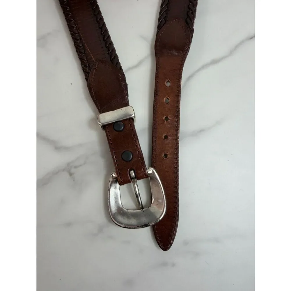 Brighton Brown Leather Woven Belt Size L Multicolor Inlay Silver Tone Buckle